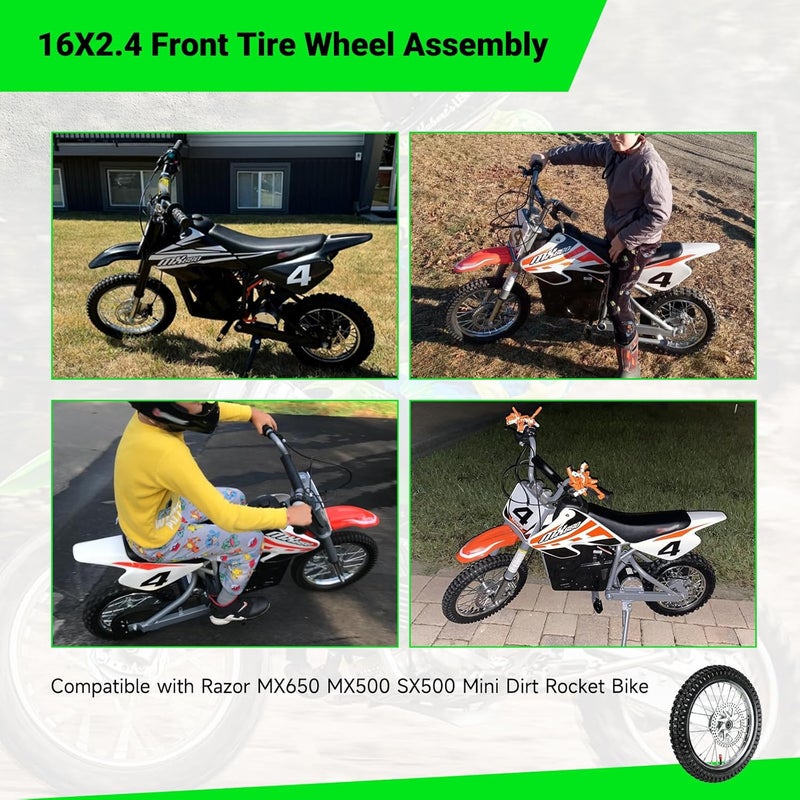 XIKOBY 16X2.4 Front Wheel Assembly Compatible with Razor MX500 MX650 SX500 Dirt Rocket Bike Off-road Motorcycle with 25H 126 Links Chain Tensioner Breaker Disc Brake Rotor Replacement Parts - Image 5